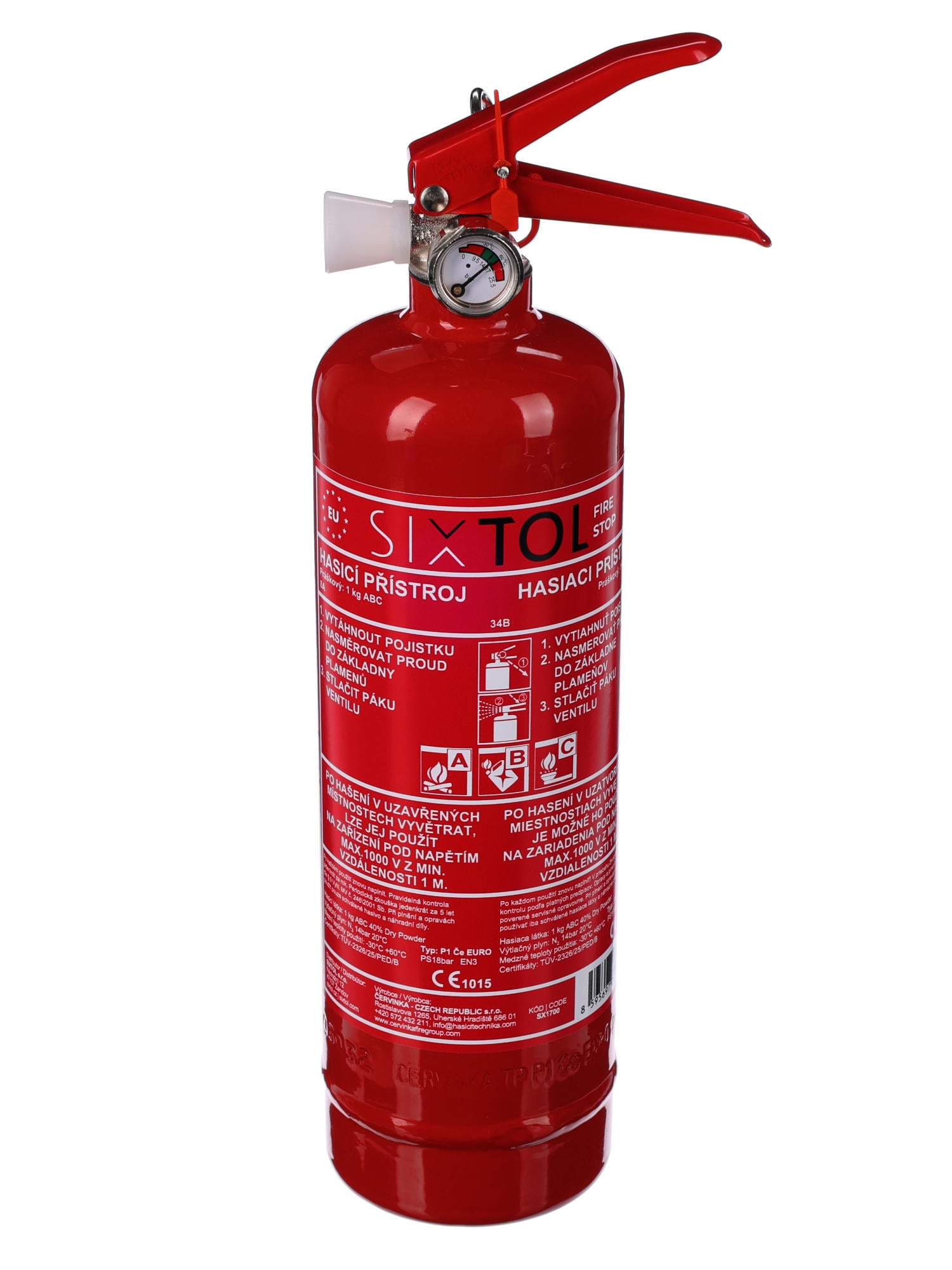 SIXTOL Práškový hasicí přístroj FIRE STOP 1 kg, ABC, celokovový, včetně kovového držáku