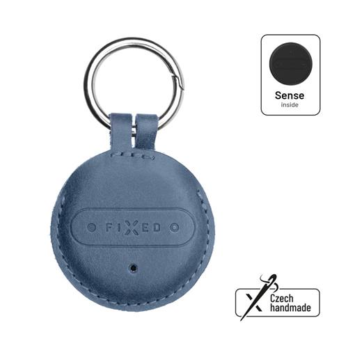 Smart tracker FIXED Sense s modrým koženým pouzdrem a karabinou