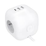 Solight 3z + USB A+C predlžovací kábel - kocka, kábel 2 m, 3 x 1 mm2, biely, vypínač