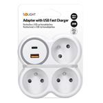 Solight hub, 3x 16A, rýchlonabíjačka USB A+C 20W PD, bielo-sivá
