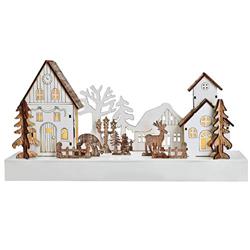 Solight LED vianočná dedinka, 34x17cm, drevo, 4 LED, 2x AA