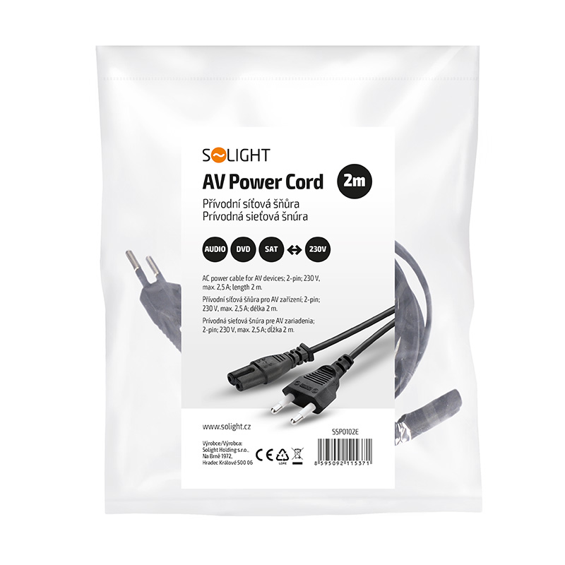 Solight napájecí kabel 2-pin, 230V, 2,5A, 2m