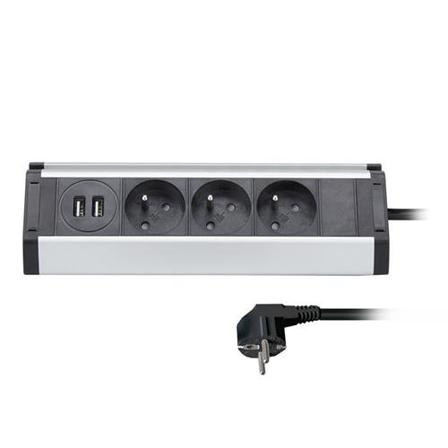 Solight predlžovací kábel, 3 zásuvky + 2x USB, 1,5 m, 3 x 1 mm2, hliník, rohové prevedenie