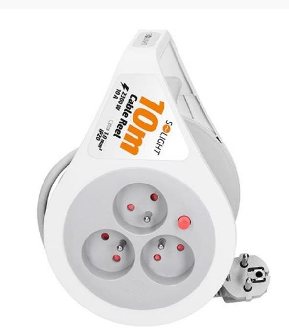Solight prodlužovací přívod na bubnu 10m, 3 zásuvky, šedý kabel, 3x 1,0mm2