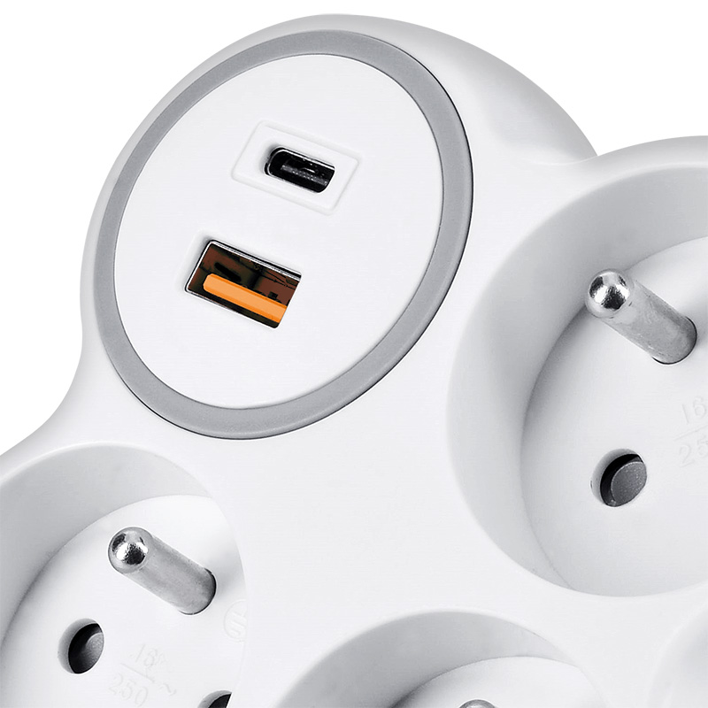 Solight rozbočka, 3x 16A, USB A+C rychlonabíječka 20W PD, bílá-šedá