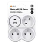 Solight rozbočka, 3x 16A, USB nabíječka A+C, bílá-šedá