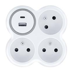 Solight rozbočka, 3x 16A, USB nabíječka A+C, bílá-šedá