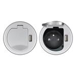 Solight USB vestavná zásuvka s víčkem, 1 zásuvka, plast, délka 1,5m, 3x 1mm2, USB 2100mA, stříbrná