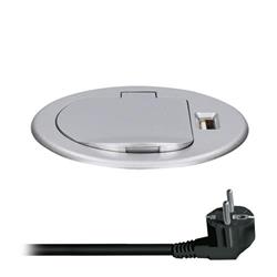 Solight USB vestavná zásuvka s víčkem, 1 zásuvka, plast, délka 1,5m, 3x 1mm2, USB 2100mA, stříbrná