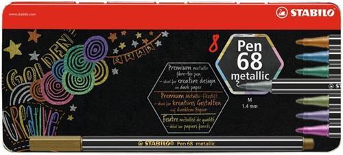 STABILO Fixy "Pen 68 metallic", sada 8 metalických barev, 1,4 mm, kovová krabička