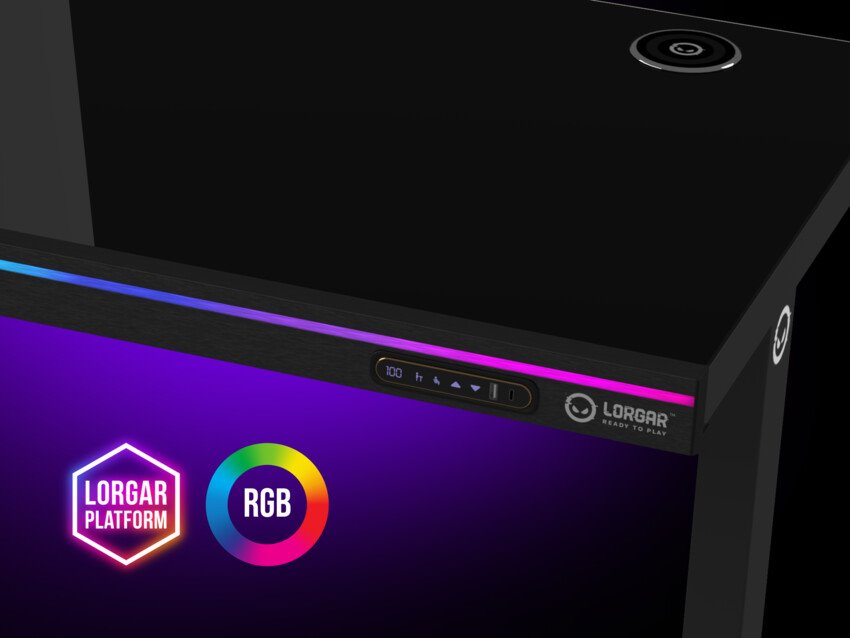 Stôl LORGAR s nastaviteľnou výškou, bezdrôtovou nabíjačkou, osvetlením RGB a portami USB, tvrdené sklo, čierny