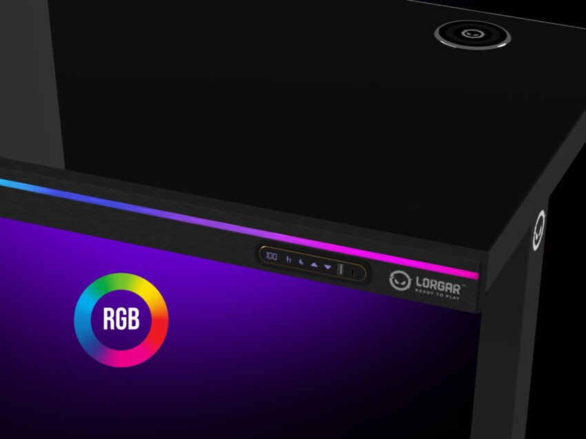Stôl LORGAR s nastaviteľnou výškou, bezdrôtovou nabíjačkou, osvetlením RGB a portami USB, tvrdené sklo, čierny