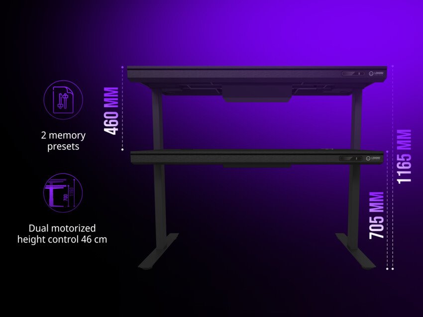 Stôl LORGAR s nastaviteľnou výškou, vstavanou skrinkou na PC, bezdrôtovou nabíjačkou, portami RGB a USB, drevenou doskou