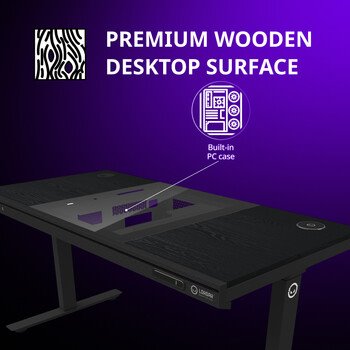 Stôl LORGAR s nastaviteľnou výškou, vstavanou skrinkou na PC, bezdrôtovou nabíjačkou, portami RGB a USB, drevenou doskou