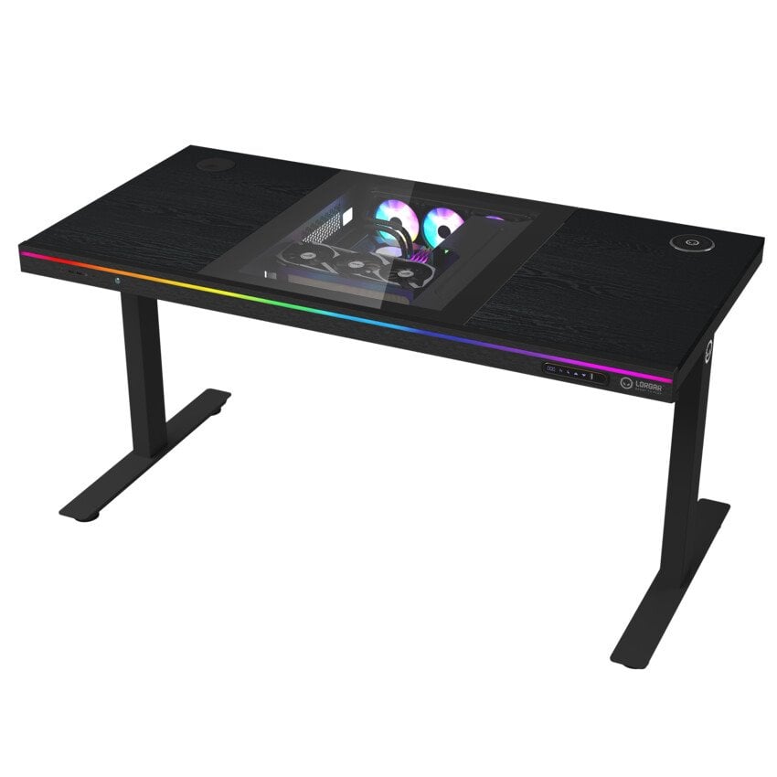 Stôl LORGAR s nastaviteľnou výškou, vstavanou skrinkou na PC, bezdrôtovou nabíjačkou, portami RGB a USB, drevenou doskou