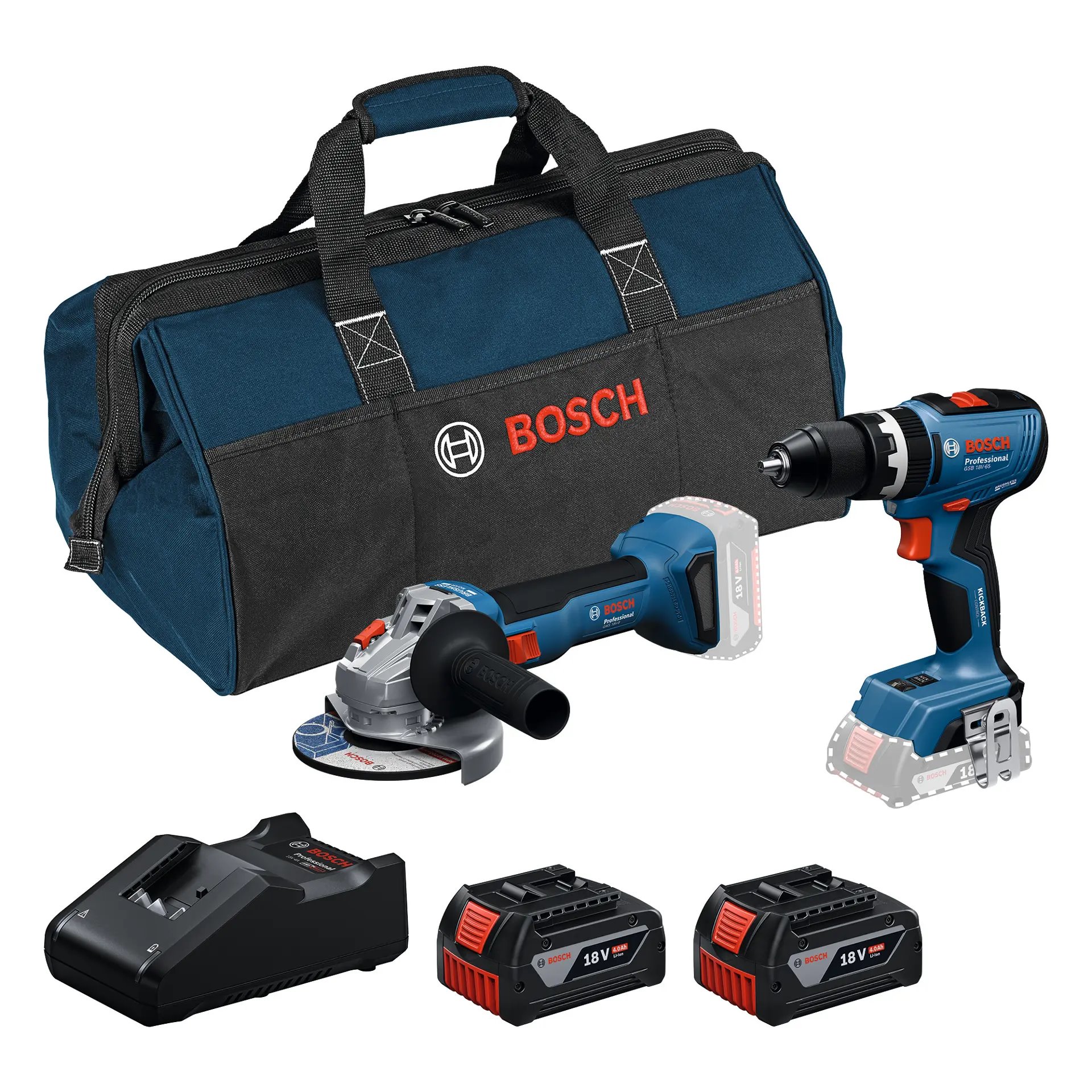 Súprava elektrického náradia BOSCH GSB 18V-65 + GWS 18V-8 + 2× GBA 4,0 Ah + GAL 18V-40 + RAF BAG (0.615.A50.08Z)