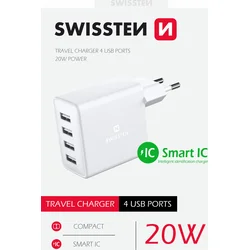 Swissten adaptér 4× USB 20W, bílý  