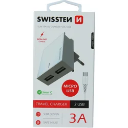 Swissten adaptér Smart IC 2× USB 3A + Micro USB kabel, bílý  