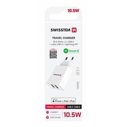 Swissten adaptér Smart IC 2× USB + Lightning MFi, bílý  