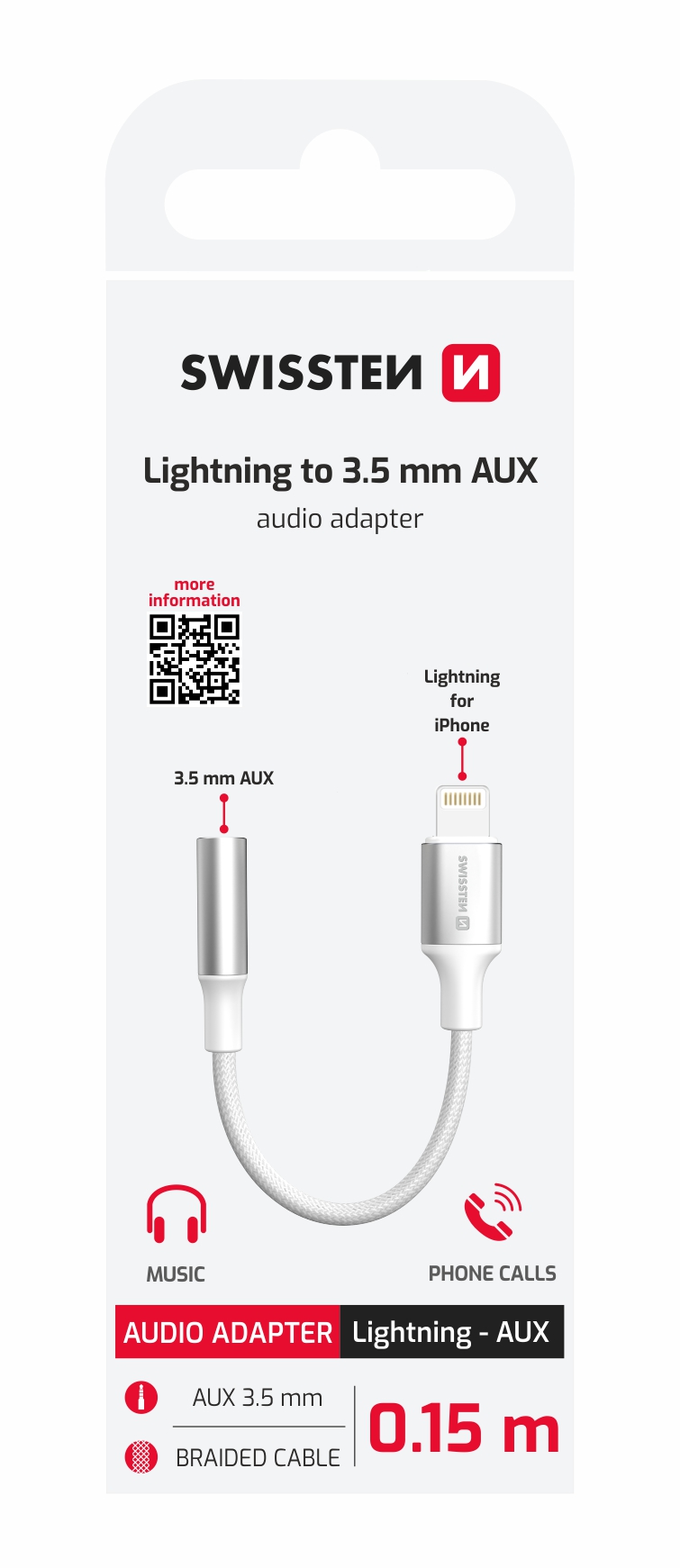 Swissten Audio adaptér Lightning / 3,5 mm AUX 0,15 m, bílý