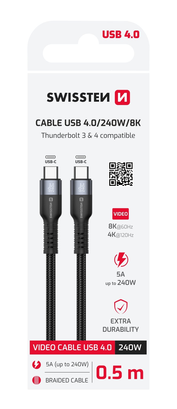 Swissten Datový video kabel USB 4.0, USB-C, 240 W, 8K@60 Hz, 40 Gb/s, TB3 & TB4, 0,5 m, černý