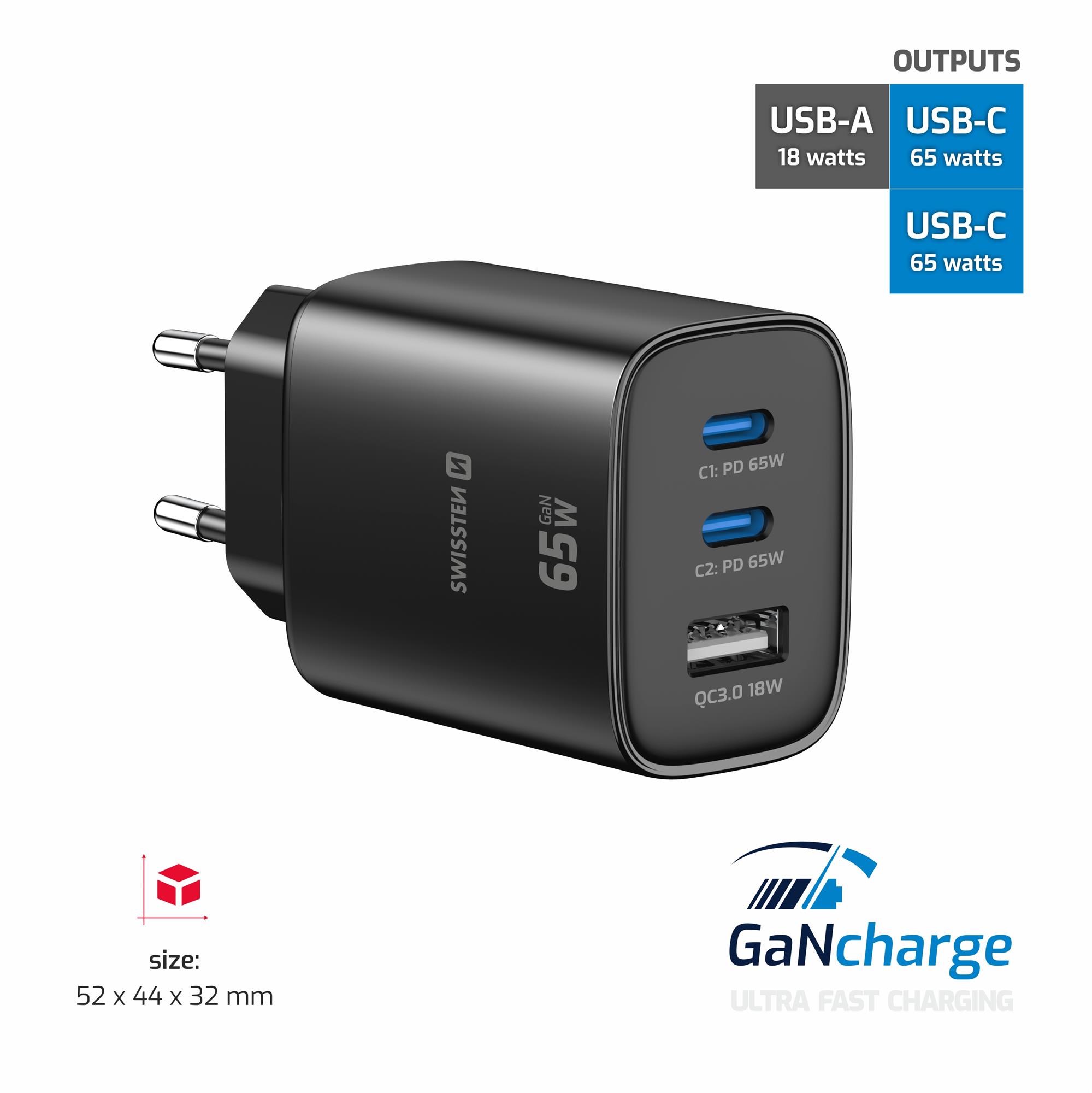 Swissten Edge GaN adaptér 65 W, černý