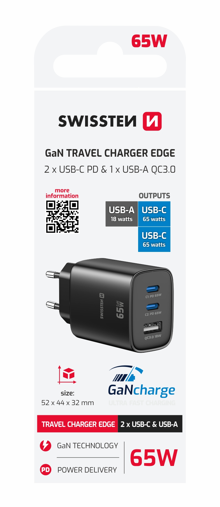 Swissten Edge GaN adaptér 65 W, čierny