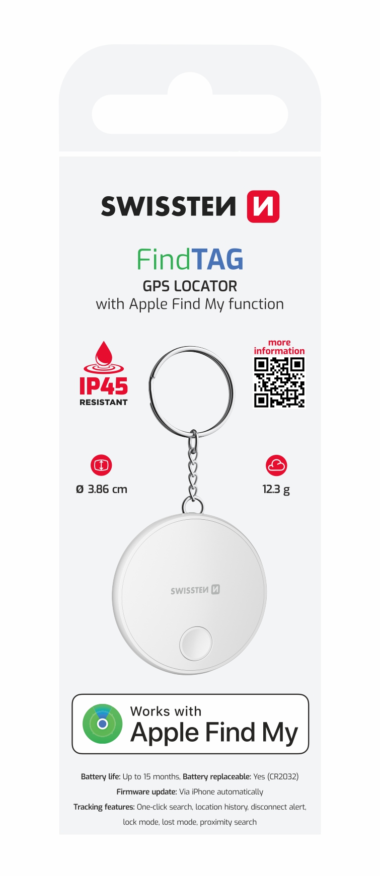 Swissten Find Tag lokátor s Apple Find My, bílý