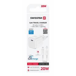 Swissten GaN adaptér 20W + Lightning kabel, bílý  