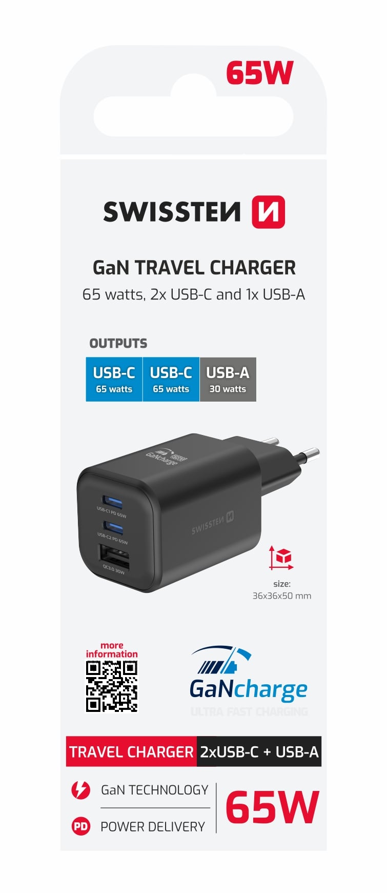 Swissten GaN adaptér 65W (2× USB-C + USB-A), černý