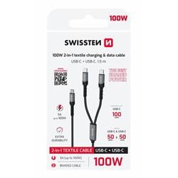 Swissten kabel 2v1 USB-C 100 W 1,5 m, černý
