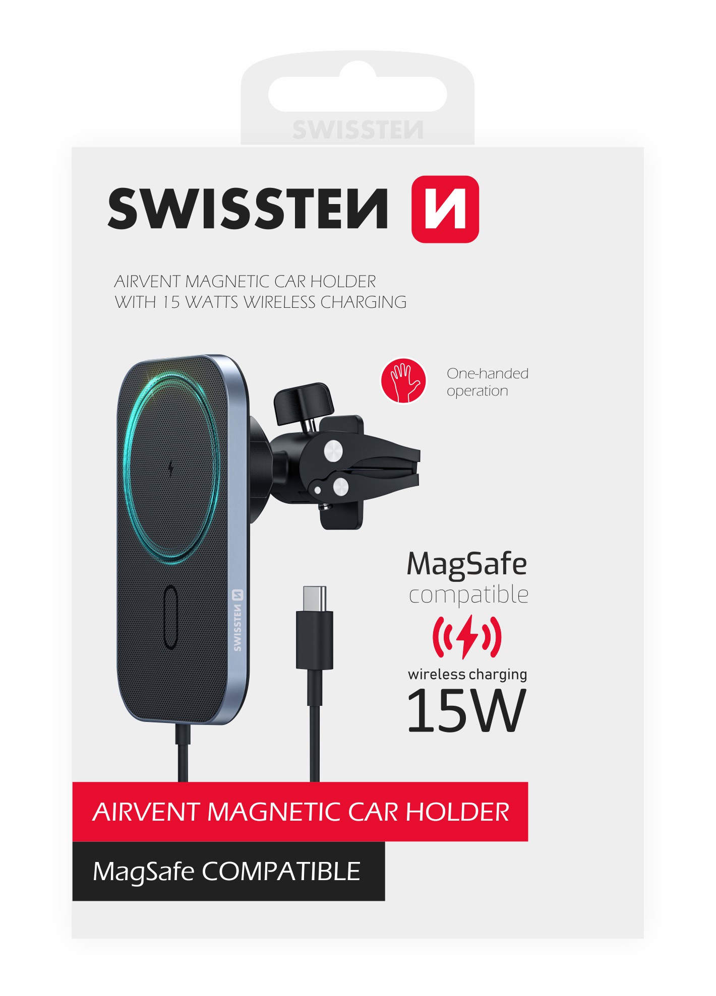 SWISSTEN MAGNETICKÝ DRŽÁK DO VENTILACE AUTA S BEZDRÁTOVÝM NABÍJENÍM 15W (kompatibilní s MagSafe)