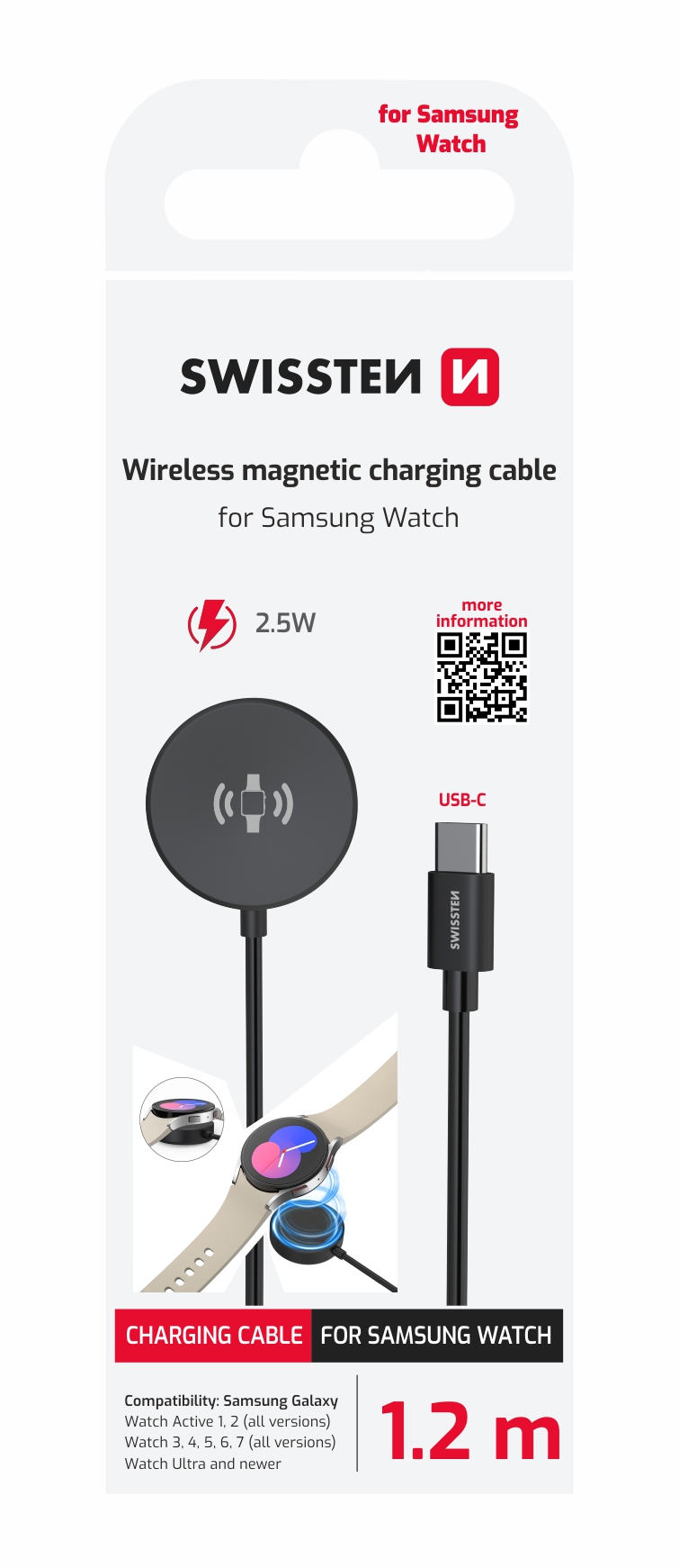 Swissten magnetický kabel pro Galaxy Watch, USB-C, 1,2m, černý