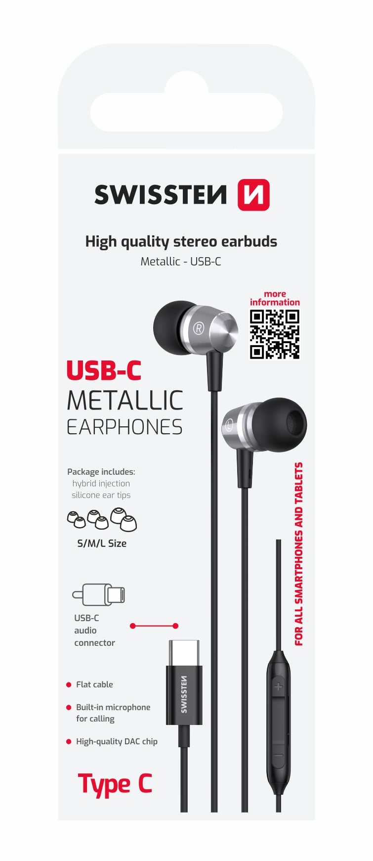 Swissten Metallic USB-C sluchátka, černá