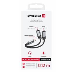 Swissten Nabíjecí audio adaptér Textile Lightning (samec) / 2× Lightning (samice) 0,12m, černý