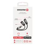 Swissten Nabíjecí audio adaptér Textile USB-C (samec) / 2× USB-C (samice) 0,12m, černý