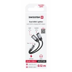 Swissten Nabíjecí audio adaptér Textile USB-C (samec) / USB-C (samice) + 3,5mm AUX 0,12m, černý