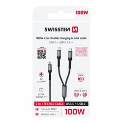 Swissten Nabíjecí kabel 2v1 100W USB-C / 2x USB-C 1,5m, černý