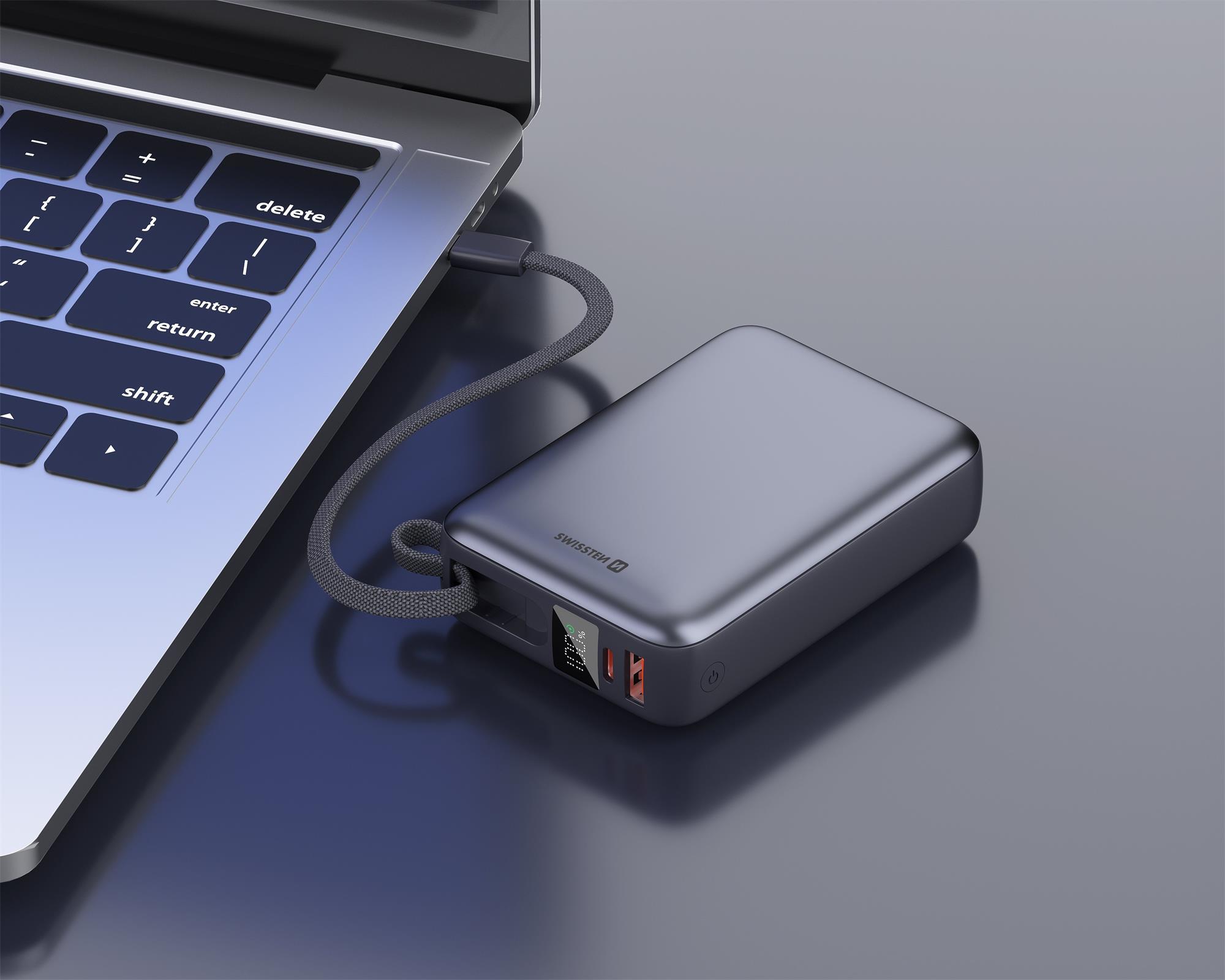 SWISSTEN POWER BANK 20000 mAh 45W S INTEGROVANÝM KABELEM USB-C VESMÍRNĚ STŘÍBRNÁ