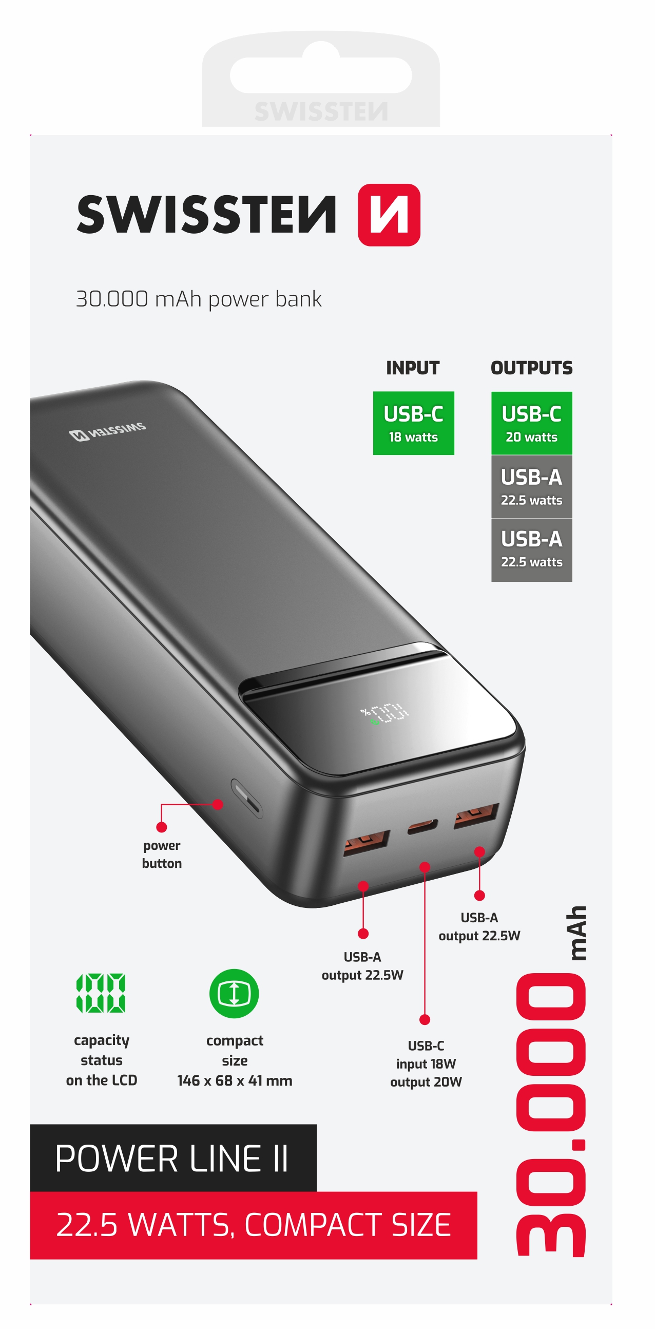 SWISSTEN POWER BANK 30000 mAh POWER LINE II BLACK