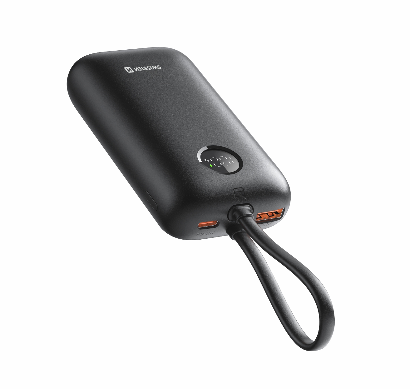 SWISSTEN POWER BANK VOLTBOX 35W 10000 mAh S INTEGROVANÝM USB-C A SVETELNÝMI KÁBLAMI ČIERNA