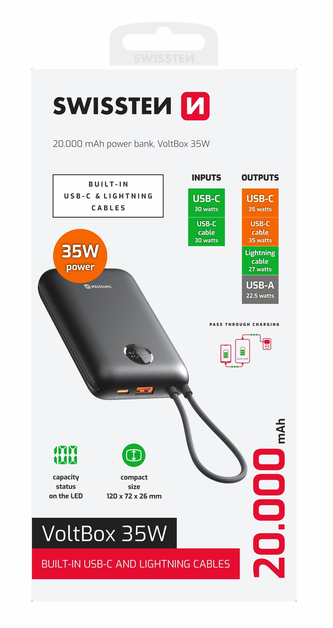 SWISSTEN POWER BANK VOLTBOX 35W 20000 mAh S INTEGROVANÝM USB-C A SVETELNÝMI KÁBLAMI ČIERNA