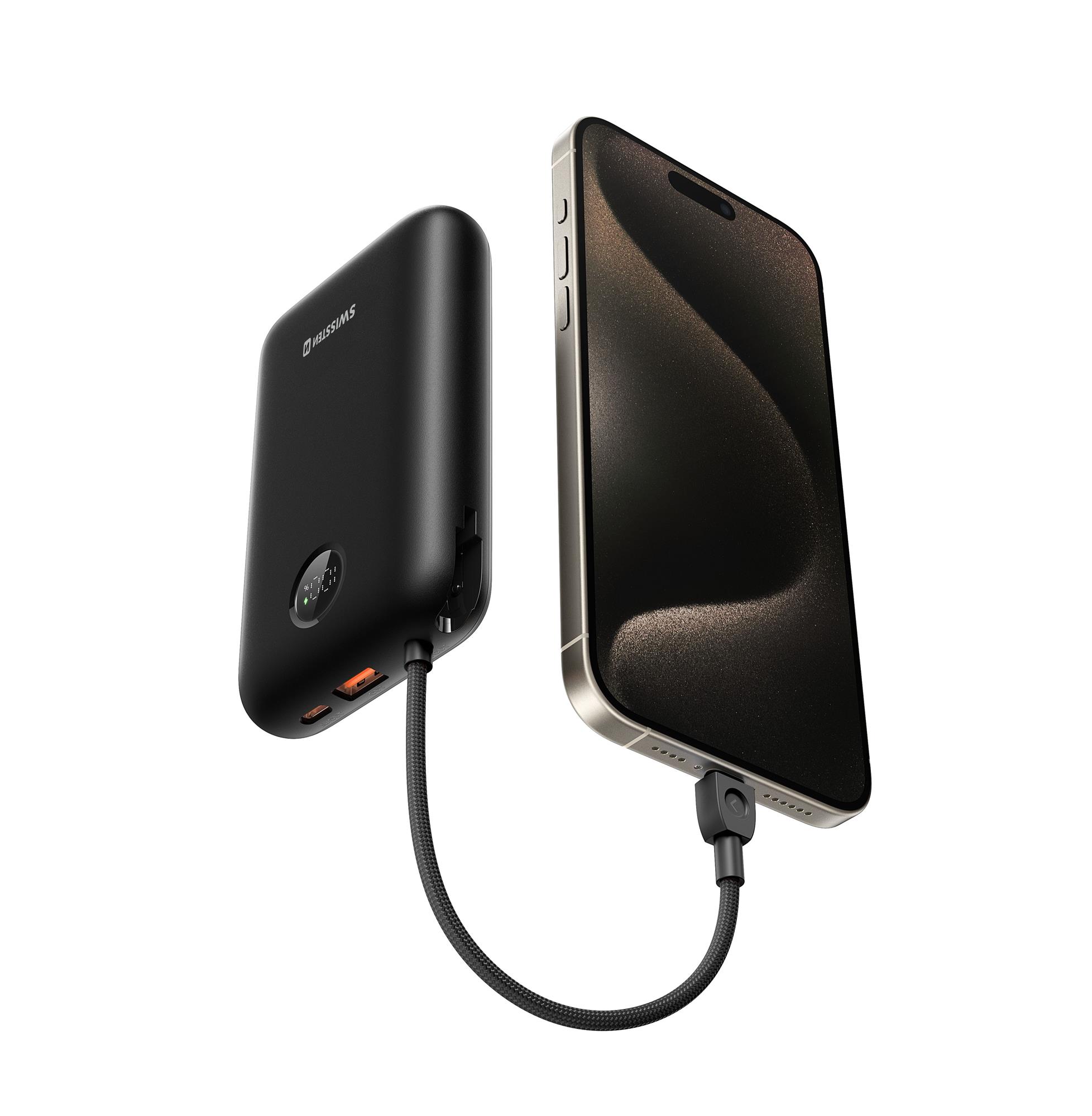 SWISSTEN POWER BANK VOLTBOX 35W 30000 mAh S INTEGROVANÝM USB-C A SVETELNÝMI KÁBLAMI ČIERNA