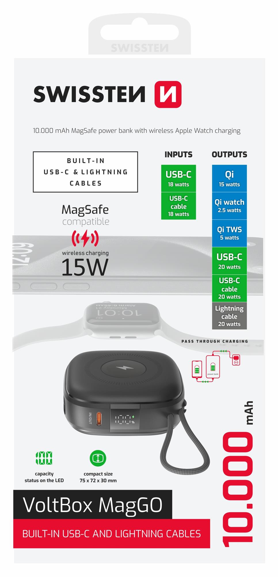 SWISSTEN POWER BANK VOLTBOX MagGO 10000 mAh s integrovanými káblami + MAGSAFE + APPLE WATCH