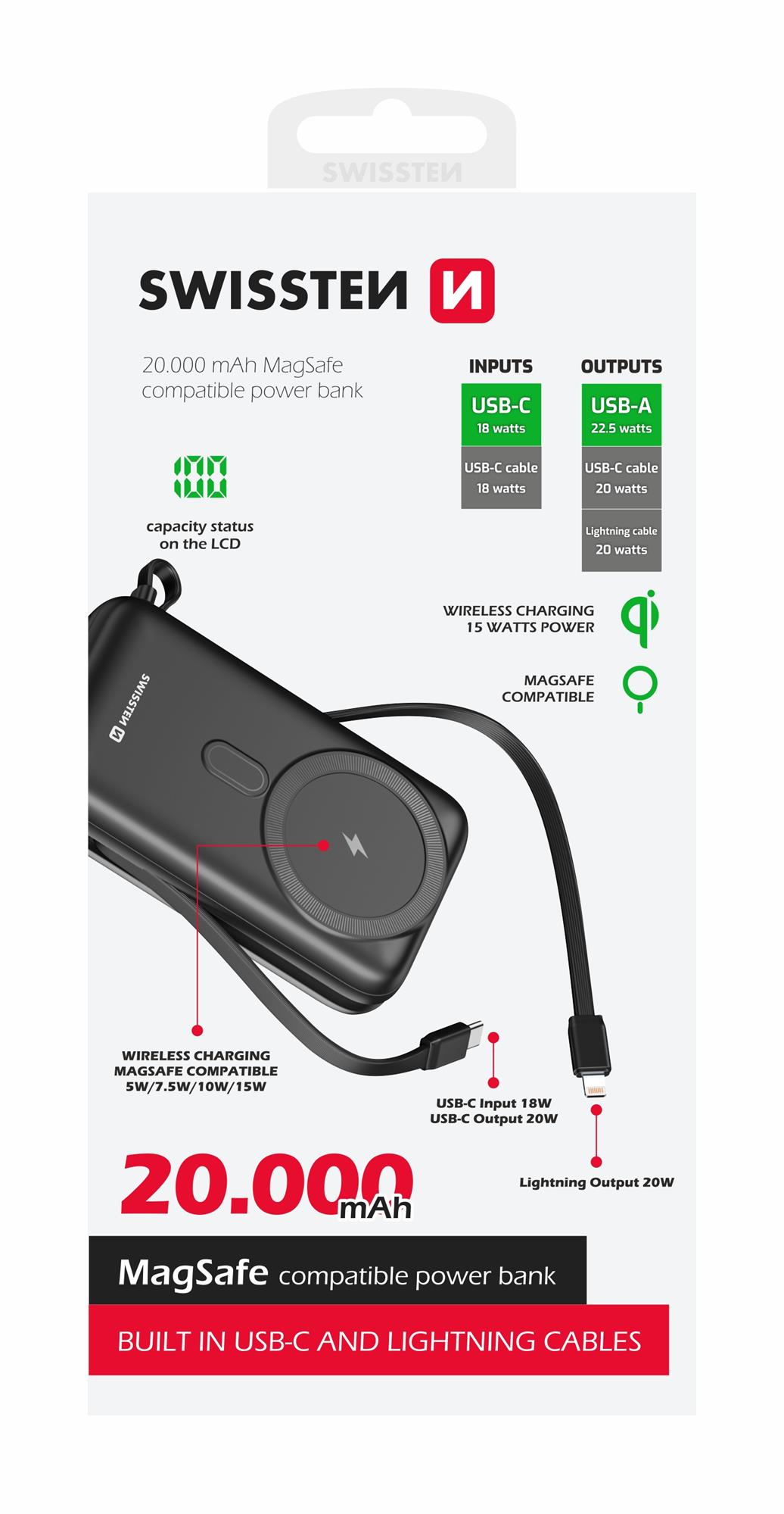 SWISSTEN powerbank 20000 mAh PD 22,5W s integrovanými kabely USB-C A LIGHTNING (kompatibilní s MagSafe)