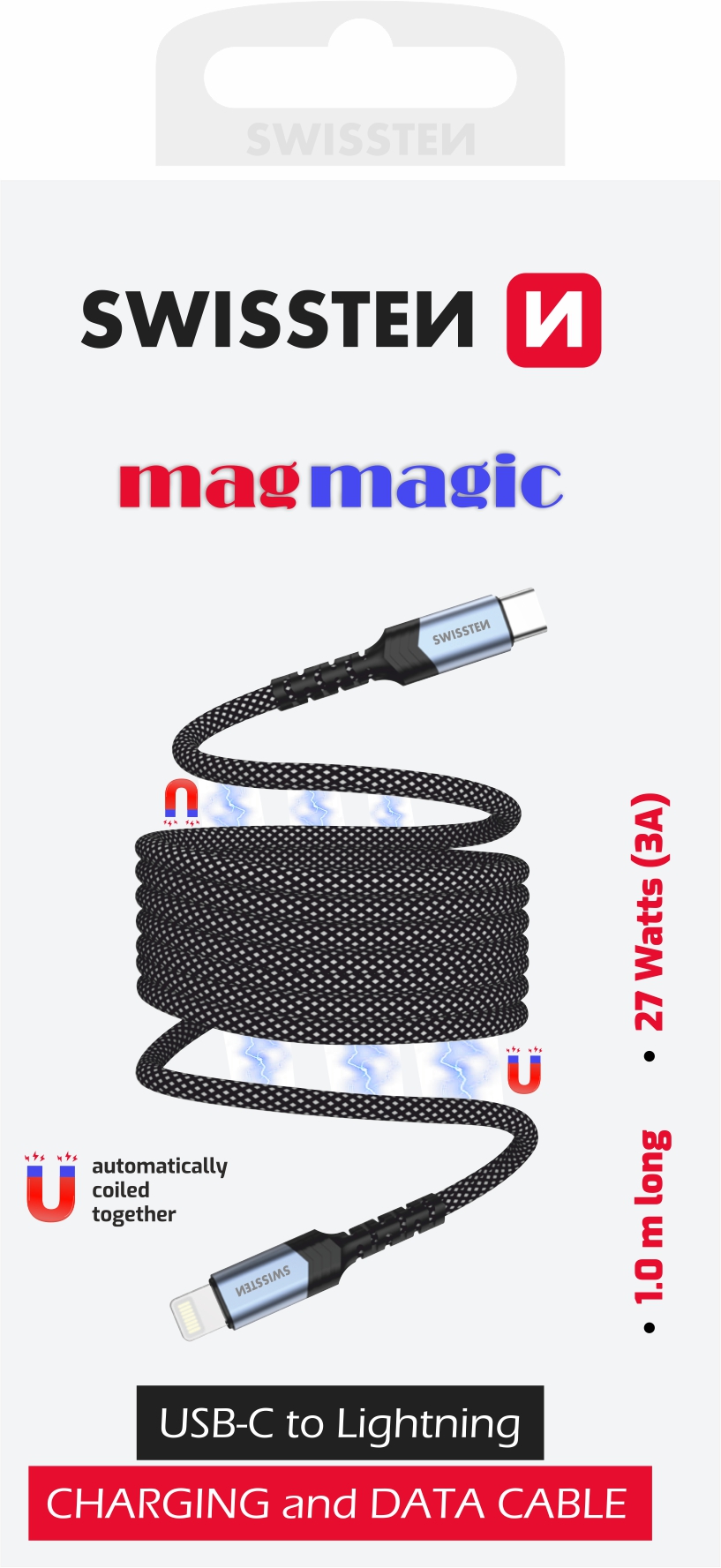 Swissten samonavíjací magnetický kábel USB-C/Lightning 1 m