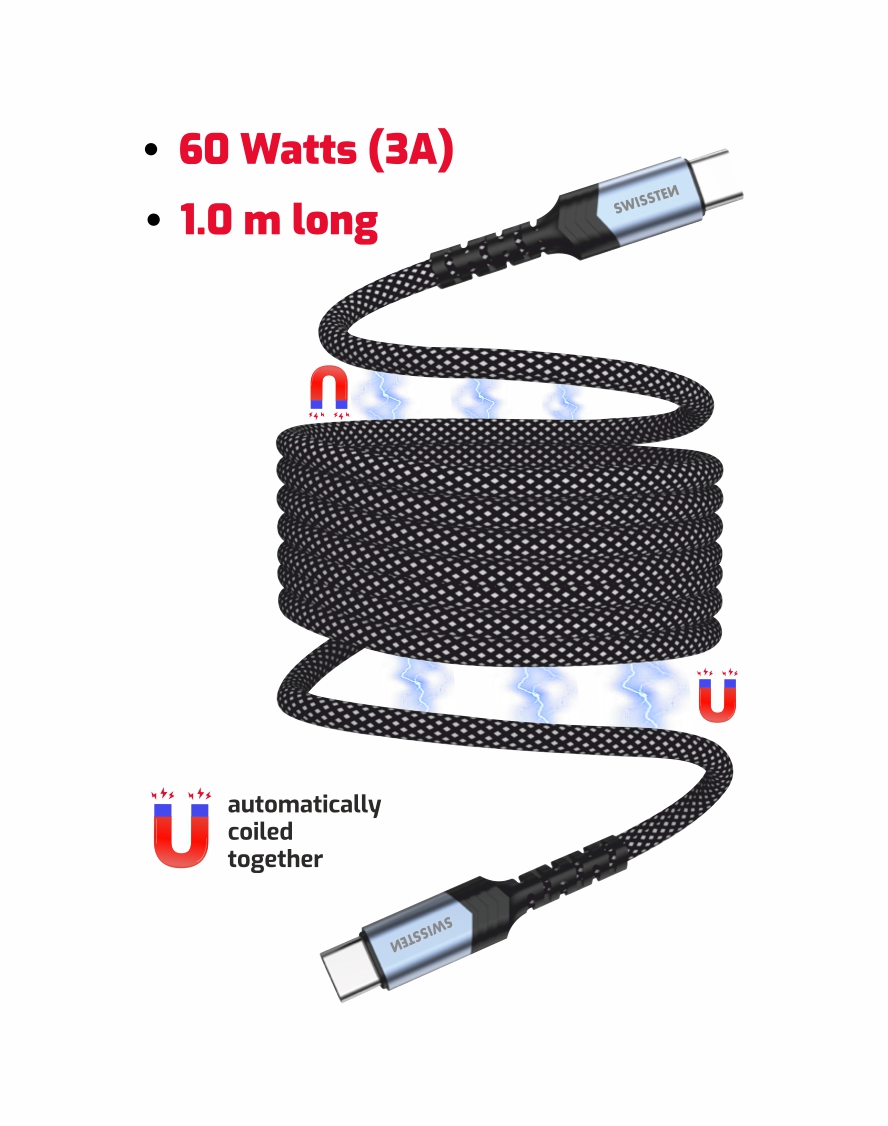 Swissten samonavíjací magnetický kábel USB-C/USB-C, 1 m