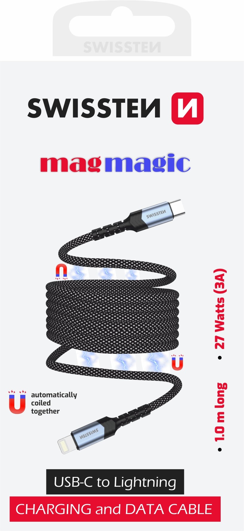 Swissten samonavíjecí magnetický kabel USB-C/Lightning 1m