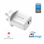 SWISSTEN SÍŤOVÝ ADAPTÉR EDGE GaN 1x USB-C PD 35W + 1x USB-A 18W QC, PRO UK ZÁSUVKU BÍLÝ