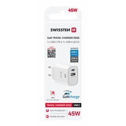 SWISSTEN SÍŤOVÝ ADAPTÉR EDGE GaN 1x USB-C PD 45W + 1x USB-A 18W QC BÍLÝ